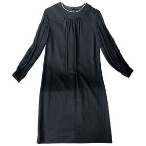 Vintage 80s Custom Made Womens 12 Nylon Stretch Dress W/ Pearls Collar Zip Back